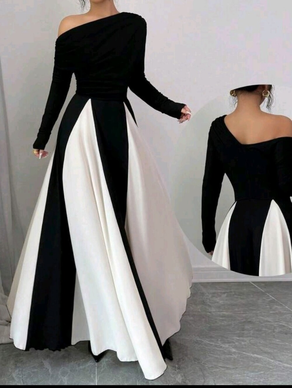 Off-Shoulder Black and White Panelled Maxi Dress